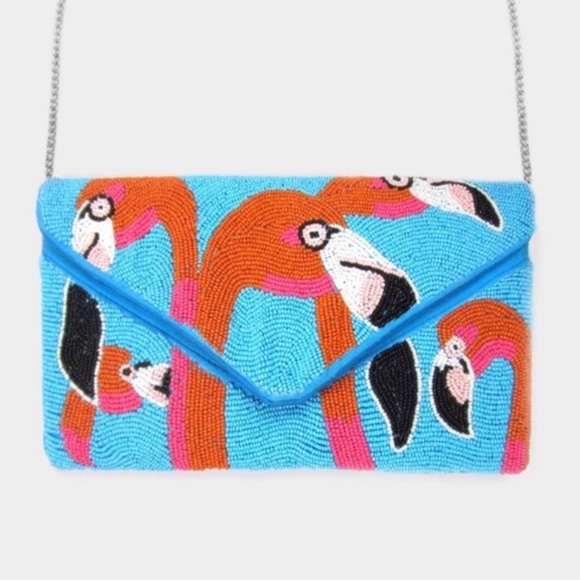 Flamingo Head Accented Seed Beaded Clutch / Crossbody Bag - Picture 4 of 7
